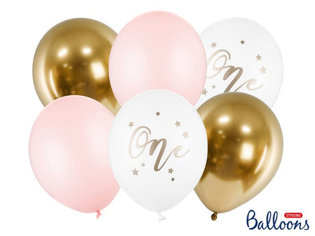 Set van 6 ballonnen voor de 1ste verjaardag in pastelroze, glanzend goud en wit met gouden ‘One’-print en sterren.