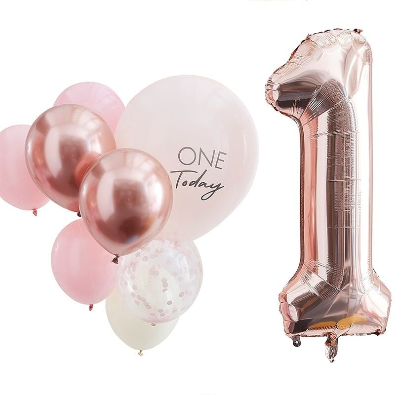 Roze ballonnenset met cijfer 1, 'One Today'-ballon en confettiballon op een witte achtergrond.