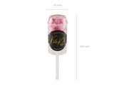 Confetti Push Pop met roze confetti en wit duwstokje, met maataanduidingen van 48 mm breed en 180 mm hoog.