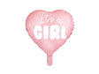 Roze hartvormige folieballon met de witte tekst 'It's a Girl' op een witte achtergrond.