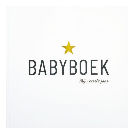 Witte cover van het invulboek Babyboek mijn eerste jaar, met een gele ster en donkere letters.