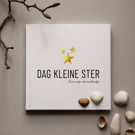 Invulboek Dag Kleine Ster met witte kaft en goudkleurige sterren, omringd door schelpen en een tak.