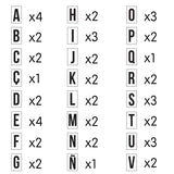 Overzicht van de zwart-witte magneetletters met het aantal per letter.