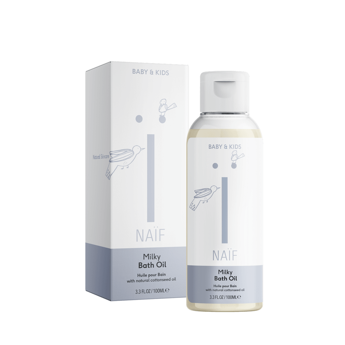 Naïf Milky Badolie voor Baby & Kids in een fles van 100 ml met witte dop, naast de verpakking
