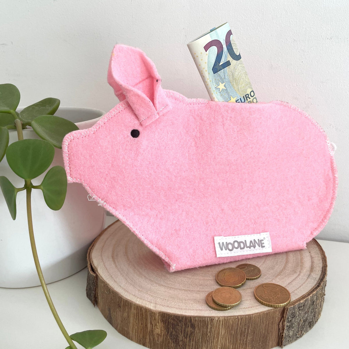 Roze Piggy-spaarvarken met een biljet van 20 euro op een houten schijf, naast munten en een plant