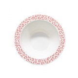 Witte kom Leopard Blush van bovenaf, met oudroze luipaardprint op de rand.