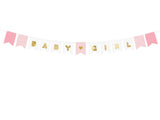 Volledige Baby Girl-slinger met witte en roze vlaggetjes, gouden letters en een gouden hartje op een witte achtergrond.