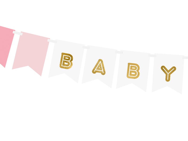Detail van de Baby Girl-slinger met gouden letters op witte vlaggetjes en roze vlaggetjes aan het uiteinde.
