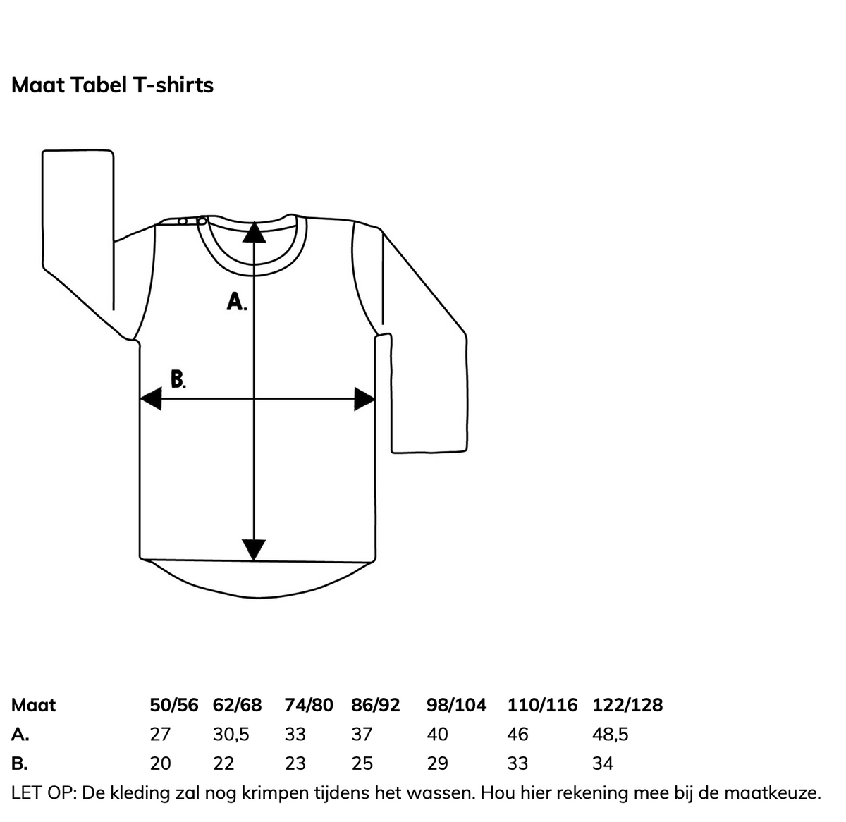 Maattabel voor het Big Sister T-shirt met meetlijnen voor lengte en breedte en maten van 50/56 tot 122/128.
