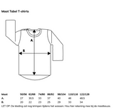 Maattabel voor het Big Sister T-shirt met meetlijnen voor lengte en breedte en maten van 50/56 tot 122/128.