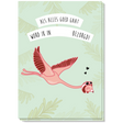 Zwangerschapsaankondiging met een vliegende roze flamingo, hartjes en witte tekstbanieren op een lichtgroene achtergrond.