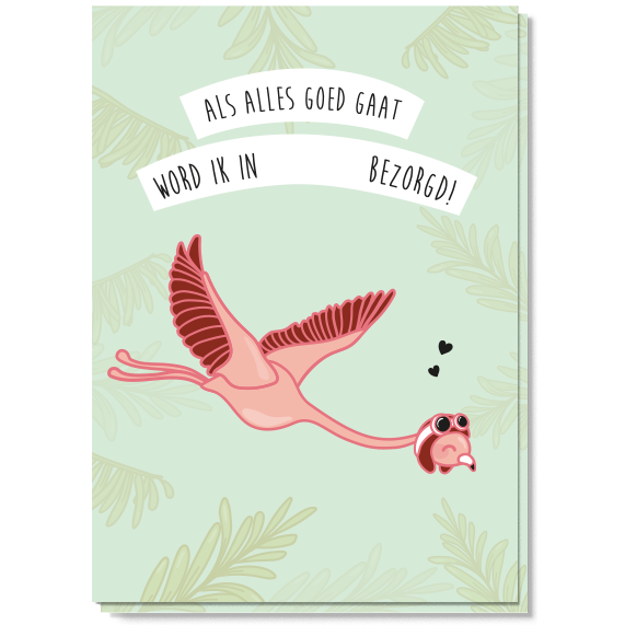 Zwangerschapsaankondiging met een vliegende roze flamingo, hartjes en witte tekstbanieren op een lichtgroene achtergrond.