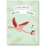 Zwangerschapsaankondiging met een vliegende roze flamingo, hartjes en witte tekstbanieren op een lichtgroene achtergrond.