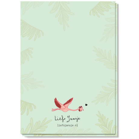 Achterkant van de zwangerschapsaankondiging met lichtgroene bladeren, een kleine roze flamingo en het logo van Liefs Jansje.